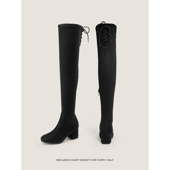 Women's Black Suede Over The Knee Thigh High Chunky Heel Long Stretch Boots - Picture 2 of 8